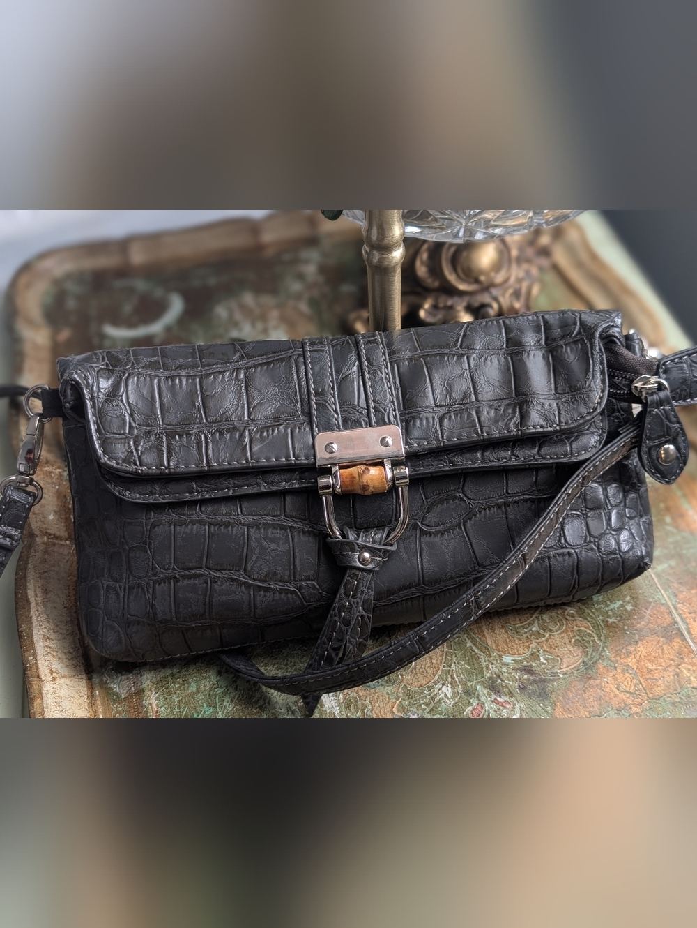 Melanie  Lyne Gray Croc-Embossed Leather Clutch‎ Bag